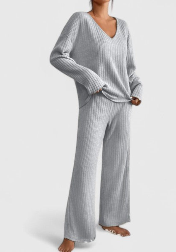Angeline™ Ensemble Confortable | Pull Col V et Pantalon Large à Côtes