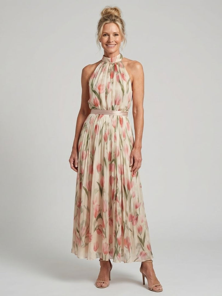 Aurelle | Graceful Halter Neck Floral Midi Dress