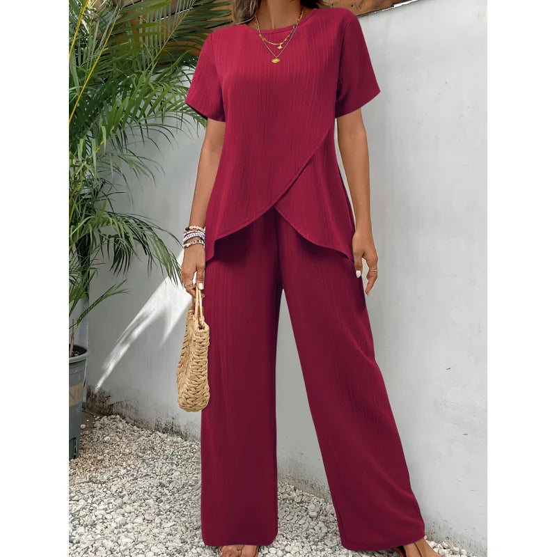 Lorrina™ Ensemble Élégant Doux en Deux Pièces | Blouse Asymétrique et Pantalons Relax