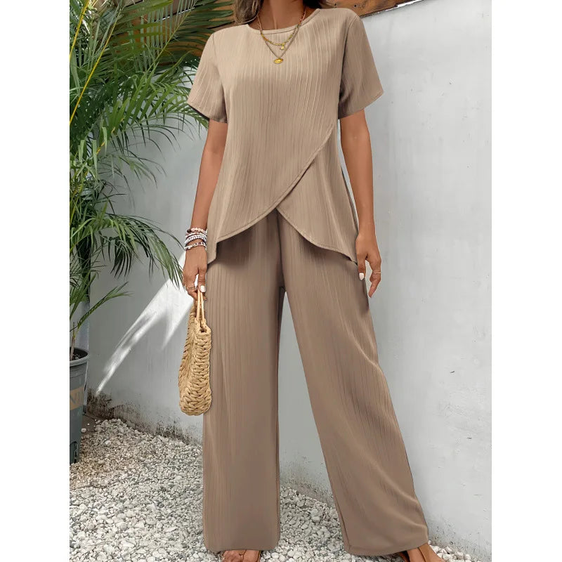 Lorrina™ Ensemble Élégant Doux en Deux Pièces | Blouse Asymétrique et Pantalons Relax