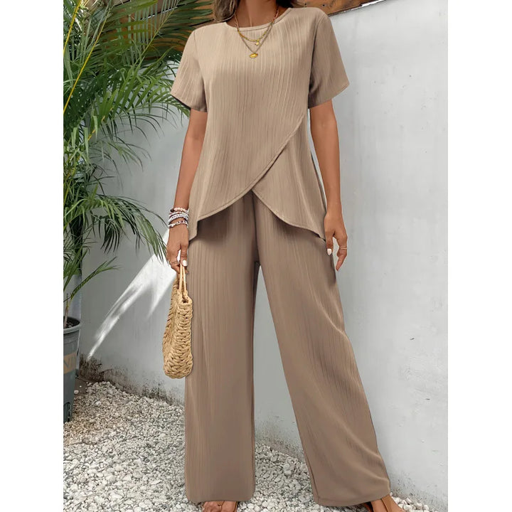 Lorrina™ Ensemble Élégant Doux en Deux Pièces | Blouse Asymétrique et Pantalons Relax