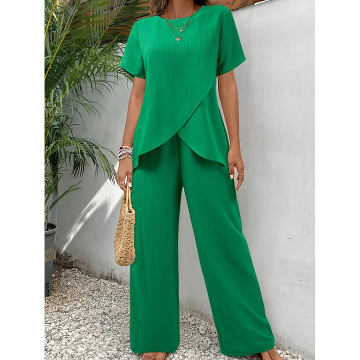 Lorrina™ Ensemble Élégant Doux en Deux Pièces | Blouse Asymétrique et Pantalons Relax