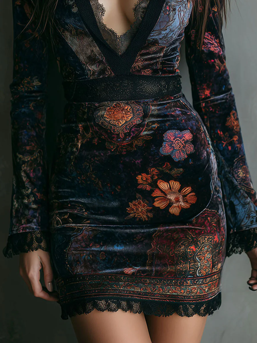 Robe Mini Slim-Fit en Velours à Imprimé Floral et Détails en Dentelle au Col V
