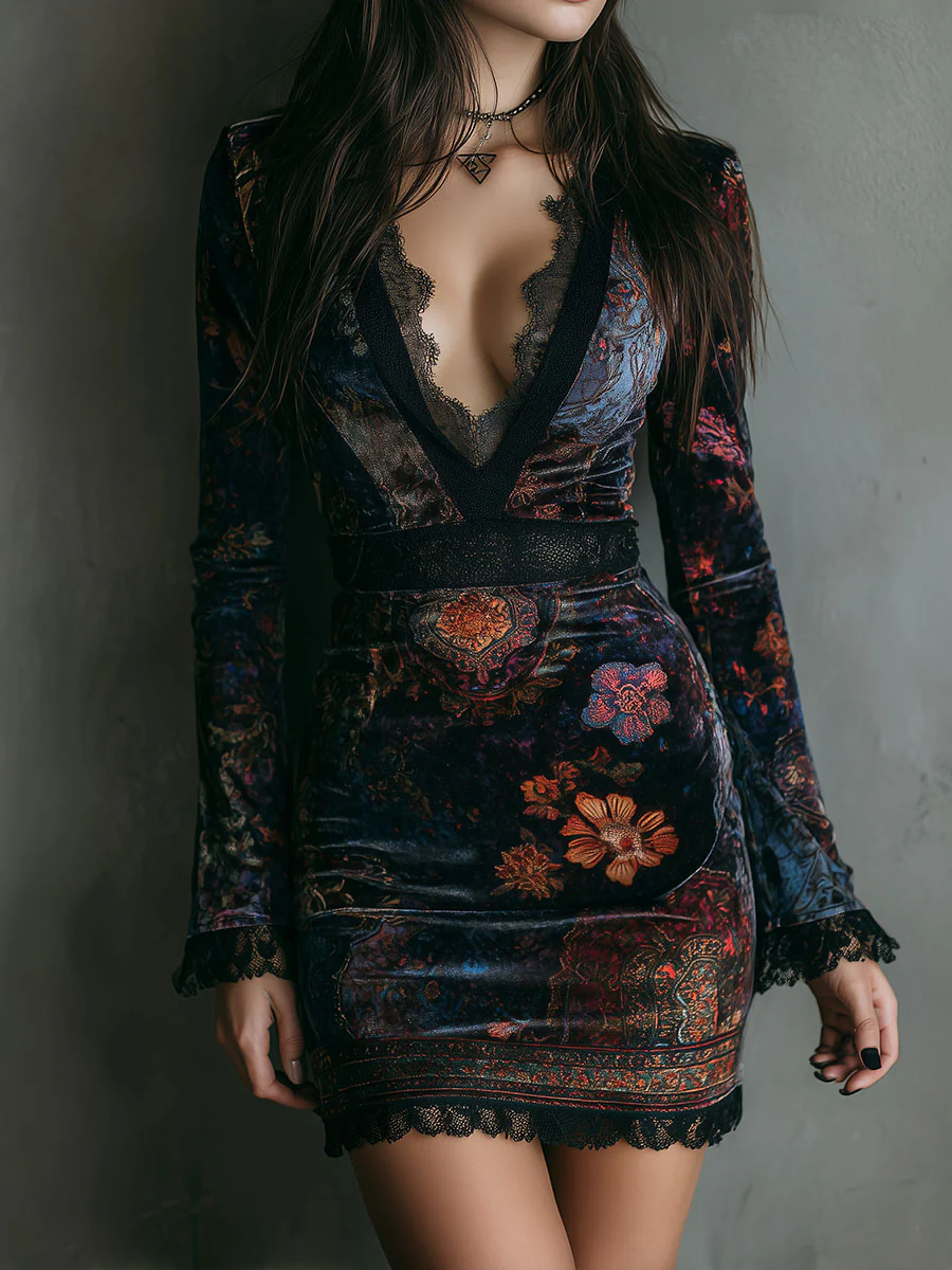 Robe Mini Slim-Fit en Velours à Imprimé Floral et Détails en Dentelle au Col V