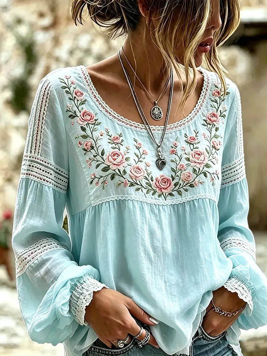 Mireille | Linen Blouse with Rose Embroidery, Square Neck & Lace Inserts