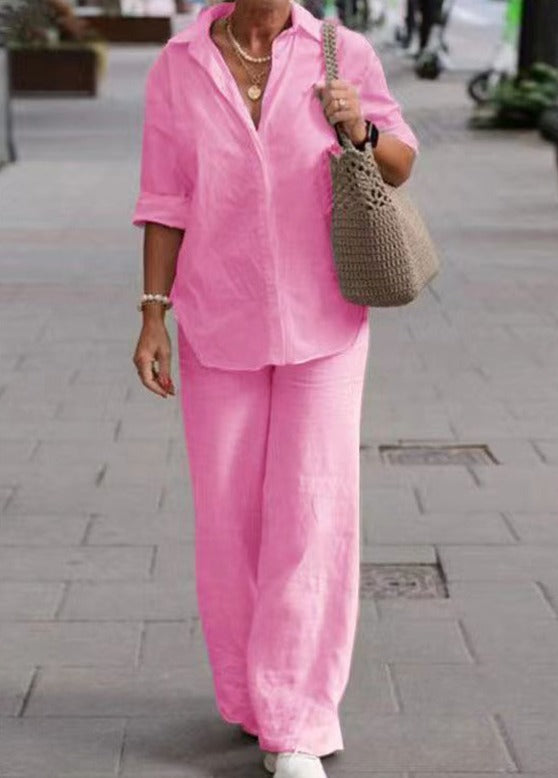 Denice™ Ensemble Élégant Décontracté en Deux Pièces | Haut Boutonné Détendu et Pantalon à Jambes Larges