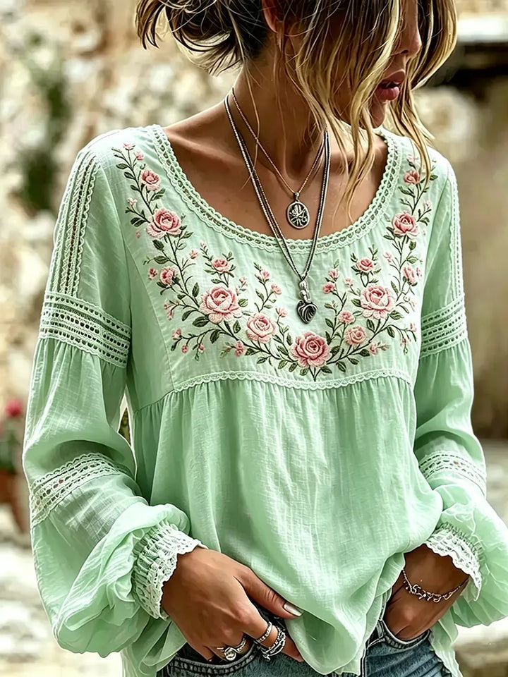 Mireille | Linen Blouse with Rose Embroidery, Square Neck & Lace Inserts