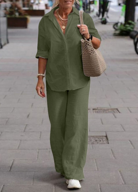 Denice™ Ensemble Élégant Décontracté en Deux Pièces | Haut Boutonné Détendu et Pantalon à Jambes Larges