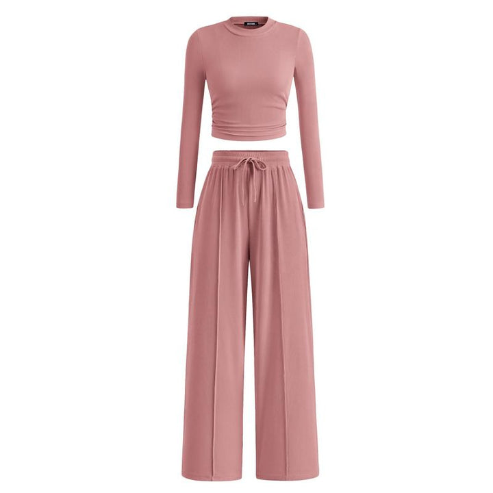 MIRELA™ - Ribbed Knit Long Sleeve Crop Top and Matching Pants Set