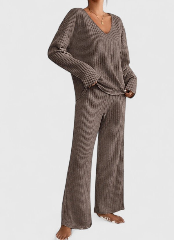 Angeline™ Ensemble Confortable | Pull Col V et Pantalon Large à Côtes