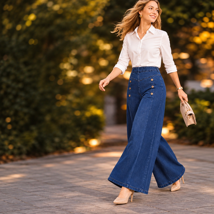 Belilica wide-leg stretch jeans with button detail in Blue