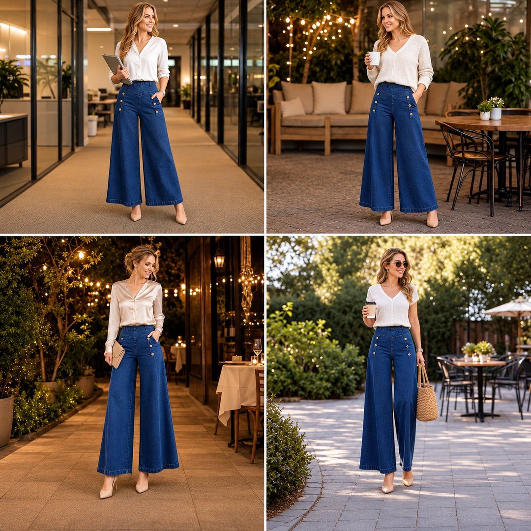Belilica wide-leg stretch jeans with button detail in Blue
