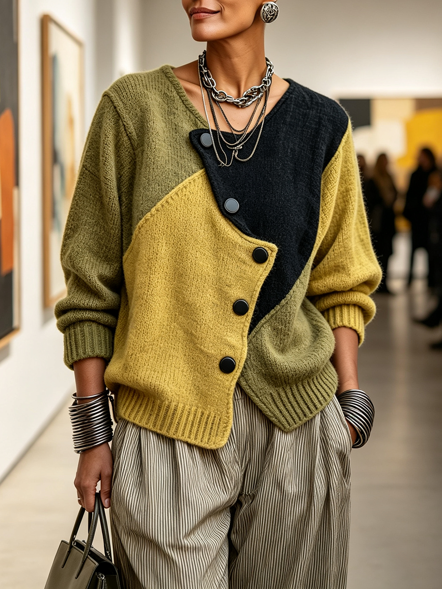 Bérénice asymmetric button knit cardigan in Green