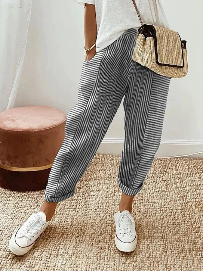Pantalons Femme Décontractés Rayés Coupe Relaxée Longueur Cheville avec Ourlets