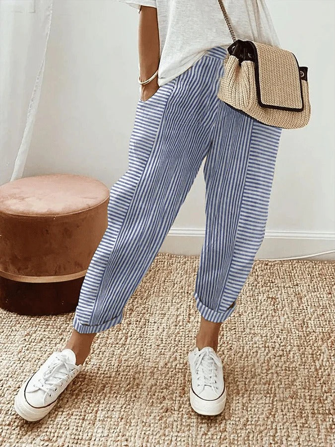 Pantalons Femme Décontractés Rayés Coupe Relaxée Longueur Cheville avec Ourlets
