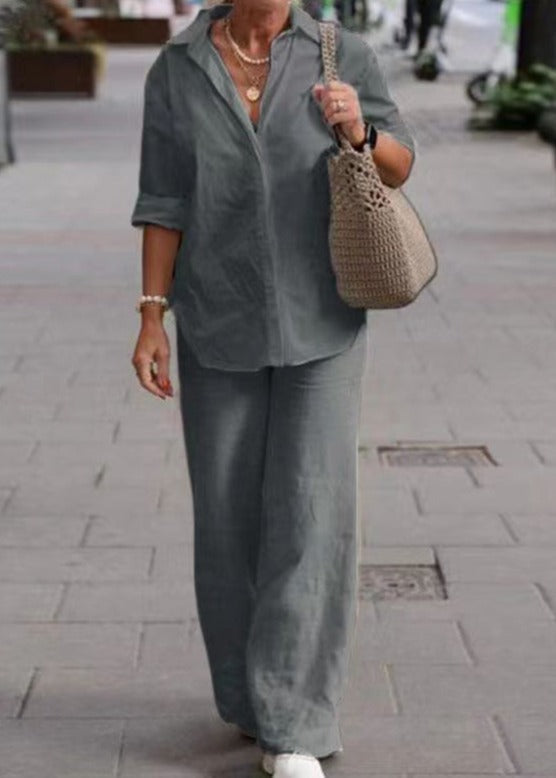 Denice™ Ensemble Élégant Décontracté en Deux Pièces | Haut Boutonné Détendu et Pantalon à Jambes Larges