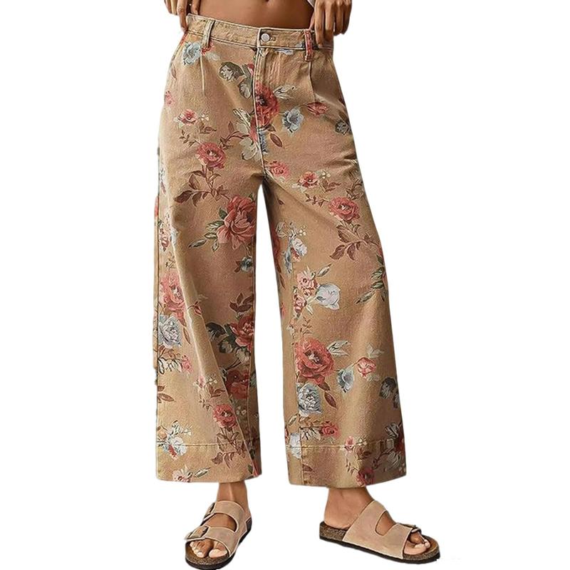 Pantalon large à taille haute floral décontracté