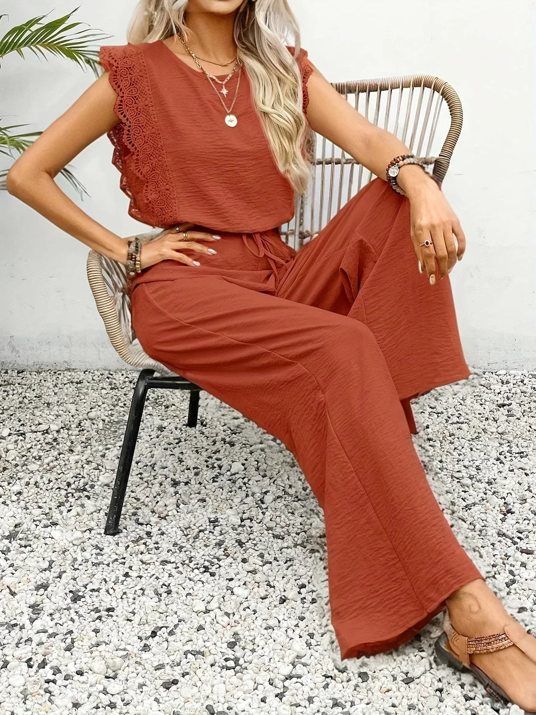 Zella™ Ensemble Élégant en Deux Pièces | Haut avec Dentelle et Pantalons à Jambes Amples