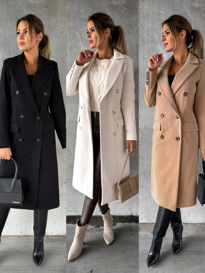 Emeline double-breasted longline coat in Khaki, Beige and Black