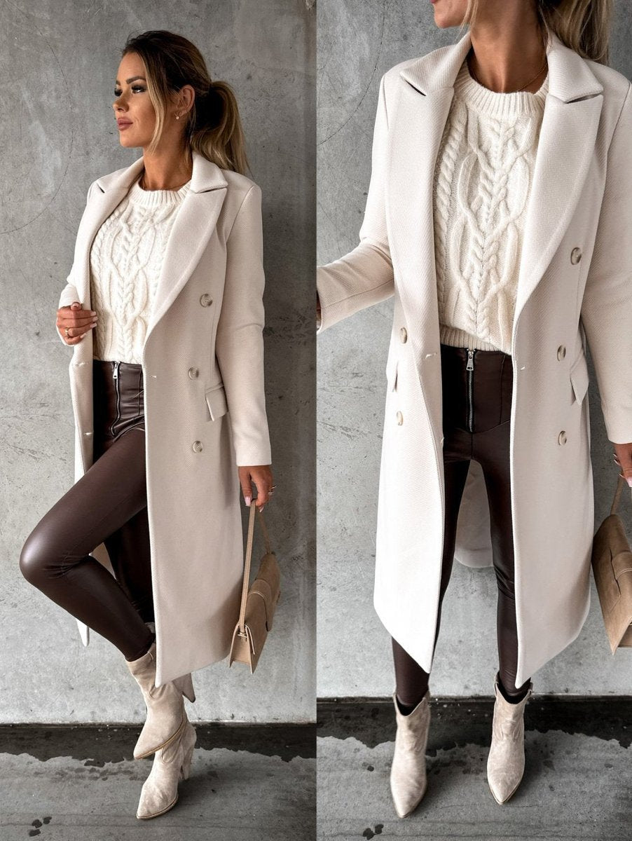 Emeline double-breasted longline coat in Beige