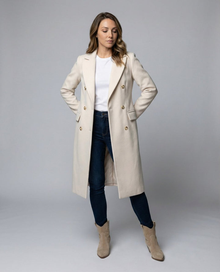 Emeline double-breasted longline coat in Beige