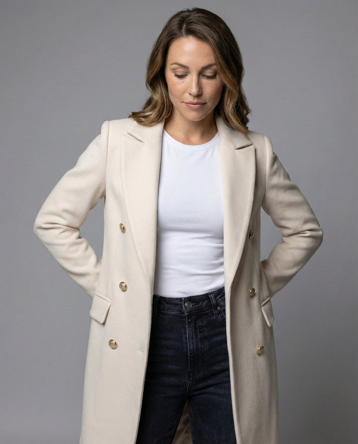 Emeline double-breasted longline coat in Beige