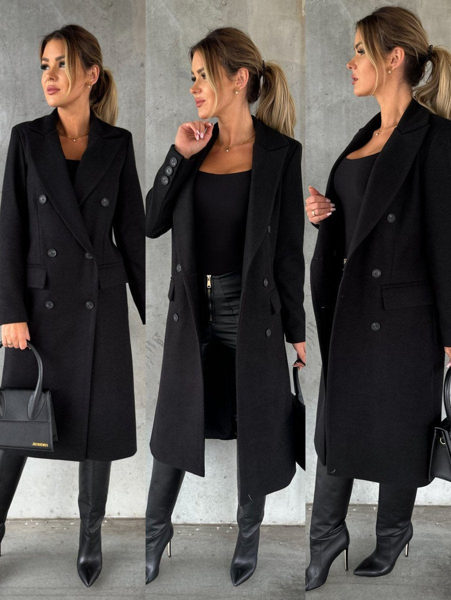 Emeline double-breasted longline coat in Black