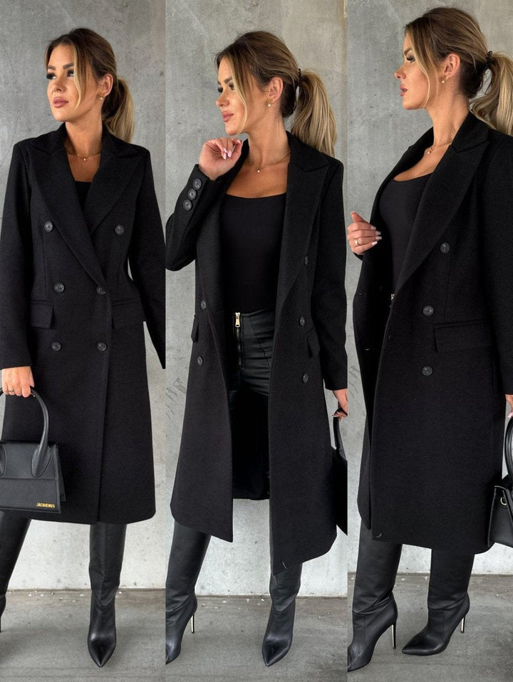 Emeline double-breasted longline coat in Black