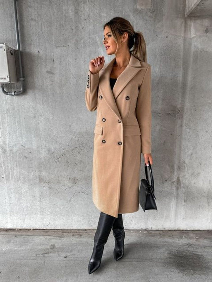 Emeline double-breasted longline coat in Khaki