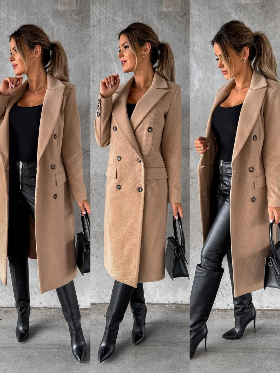 Emeline double-breasted longline coat in Khaki