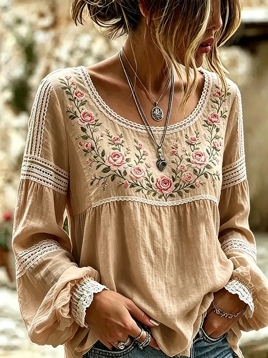 Mireille | Linen Blouse with Rose Embroidery, Square Neck & Lace Inserts