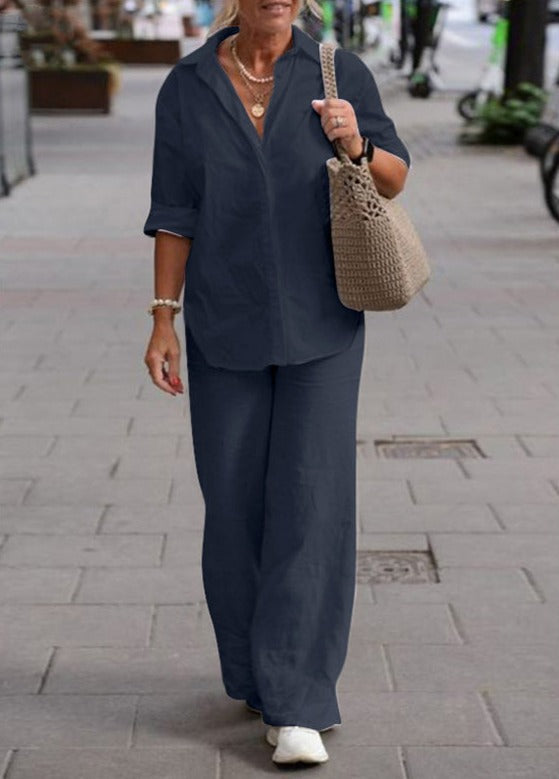 Denice™ Ensemble Élégant Décontracté en Deux Pièces | Haut Boutonné Détendu et Pantalon à Jambes Larges