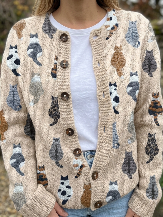 Marilyn | Cardigan à Motif de Chats Doux