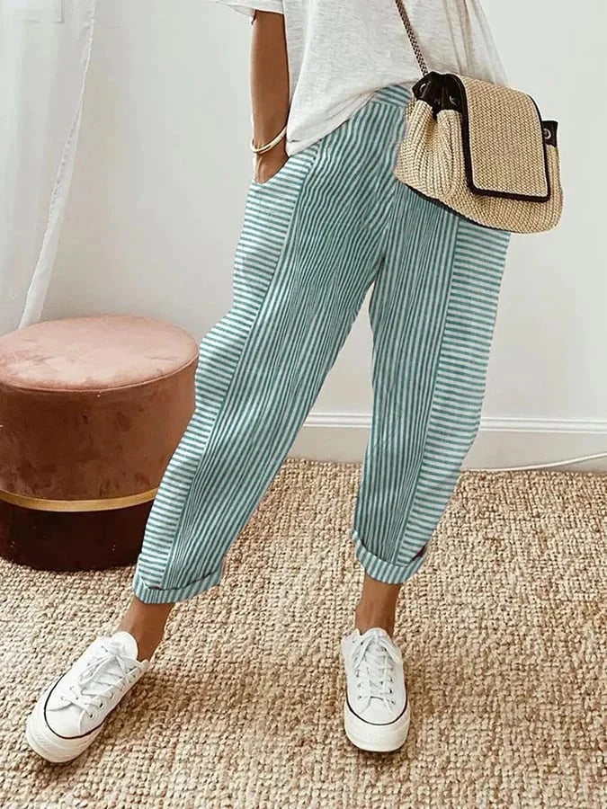 Pantalons Femme Décontractés Rayés Coupe Relaxée Longueur Cheville avec Ourlets