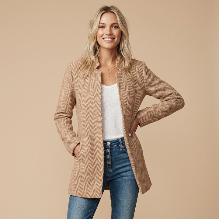 Harriet collarless herringbone blazer in Light Brown