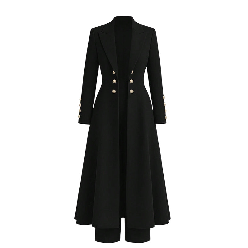 Idalella two-piece long jacket and trouser set in Black