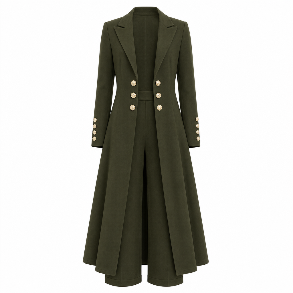 Idalella two-piece long jacket and trouser set in Olive Green