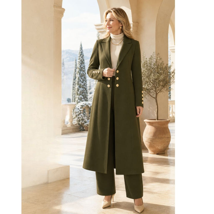 Idalella two-piece long jacket and trouser set in Olive Green