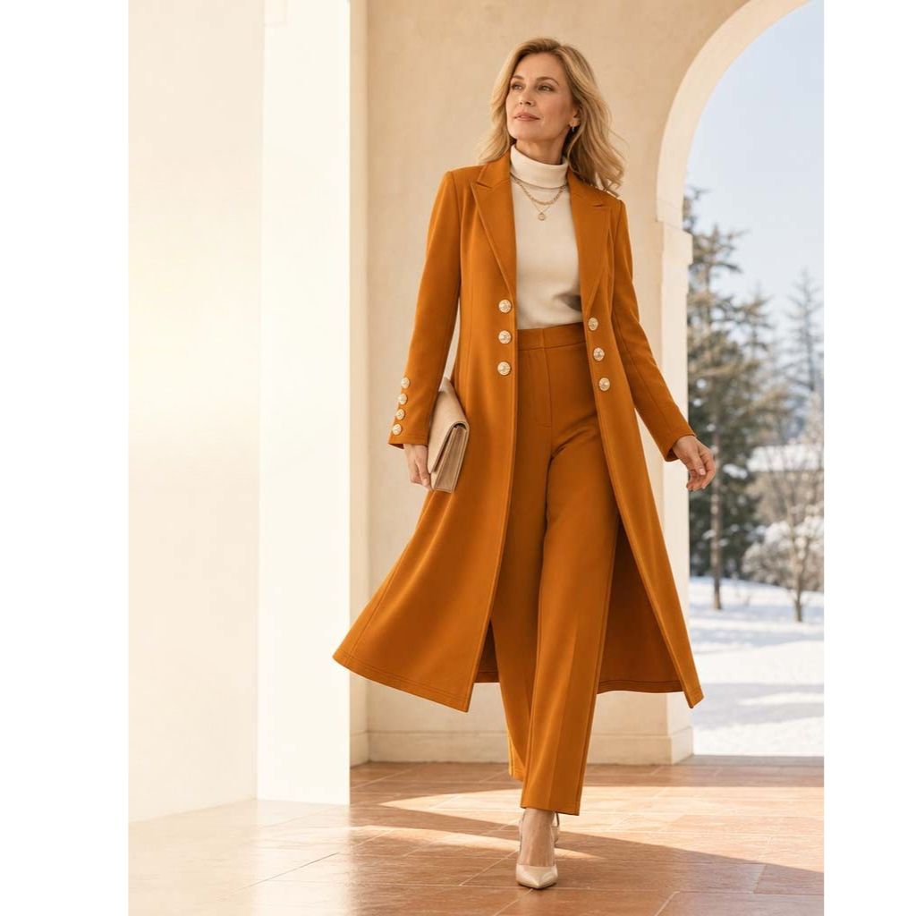 Idalella two-piece long jacket and trouser set in Orange