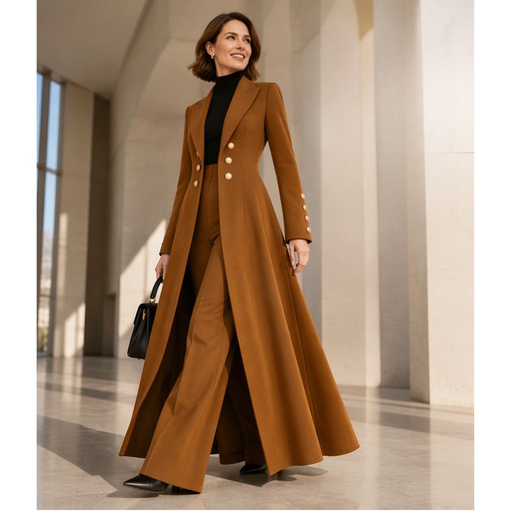 Idalella two-piece long jacket and trouser set in Orange