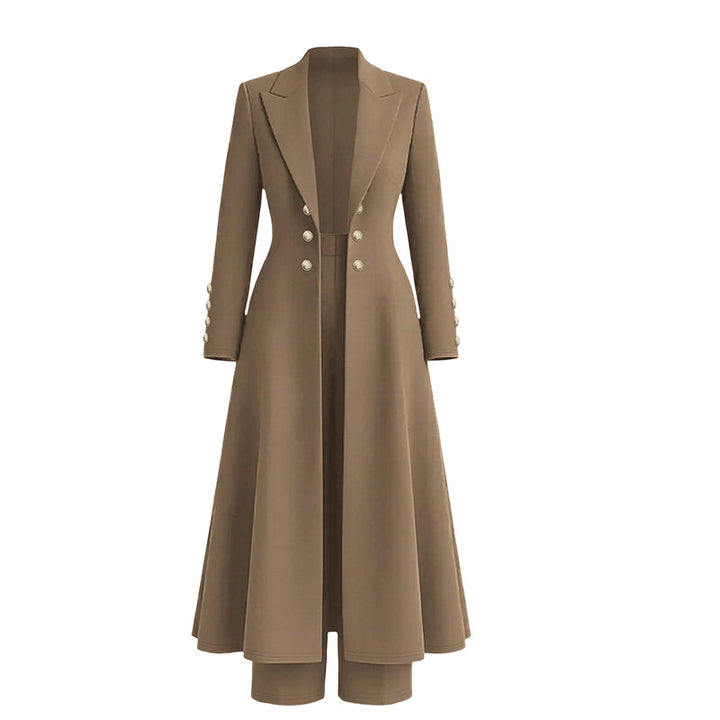 Idalella two-piece long jacket and trouser set in Taupe