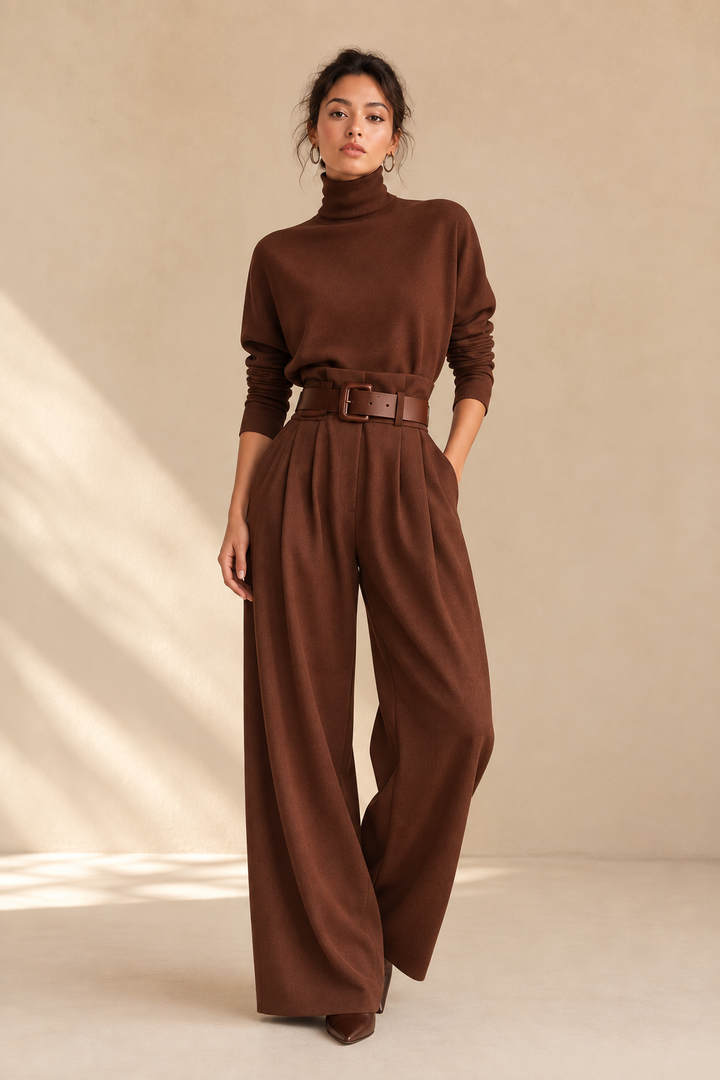 Inés polo neck and palazzo trouser set in Coffee Brown
