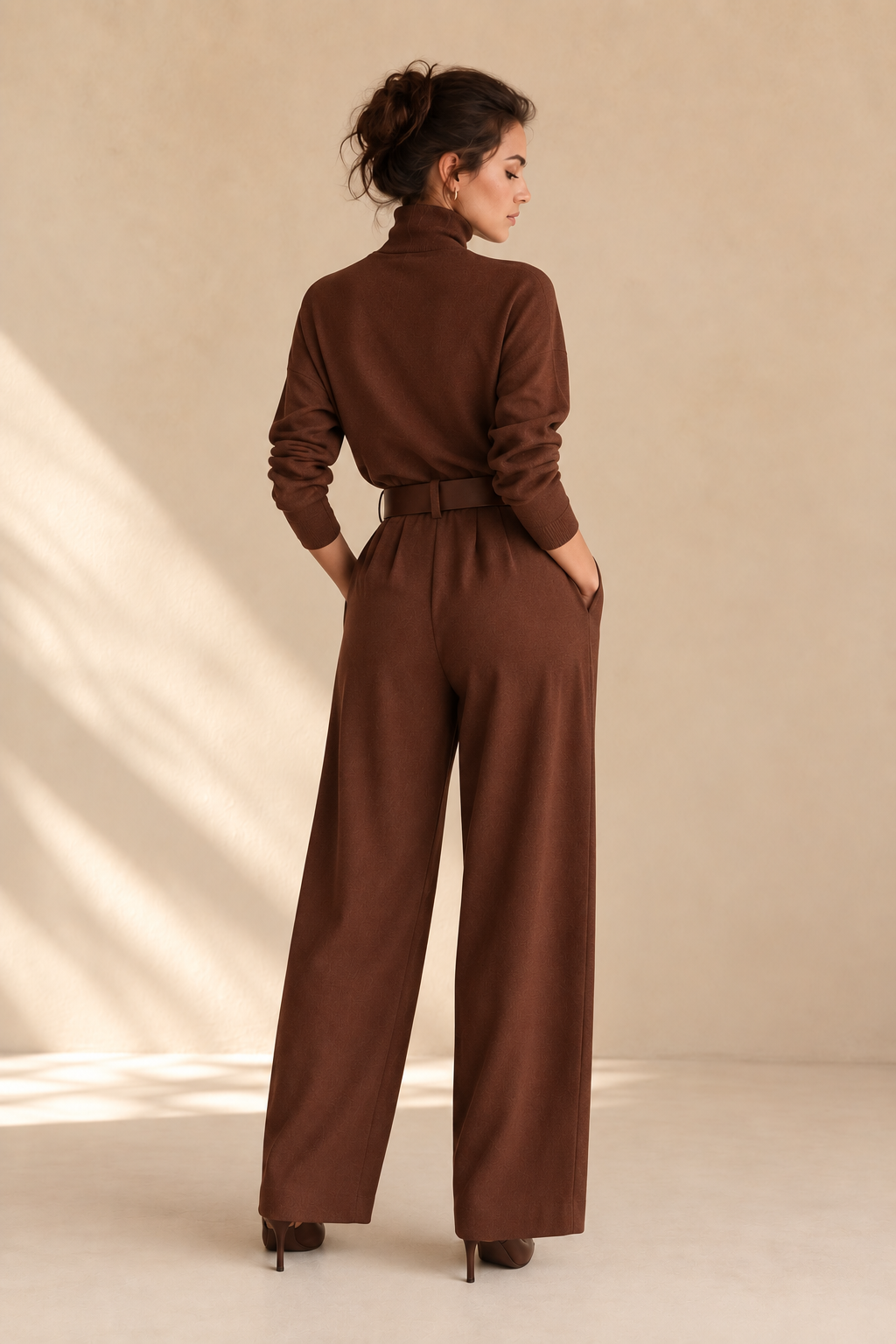 Inés polo neck and palazzo trouser set in Coffee Brown