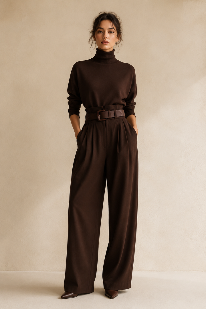 Inés polo neck and palazzo trouser set in Dark Brown