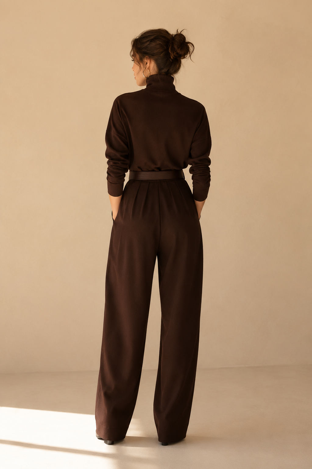 Inés polo neck and palazzo trouser set in Dark Brown