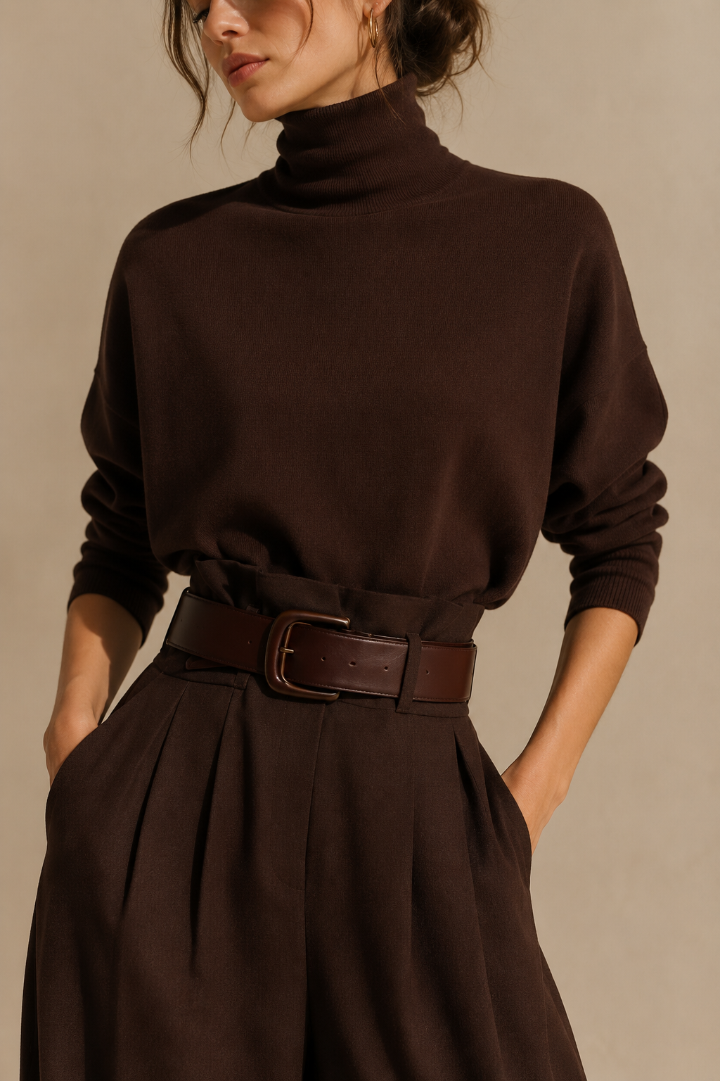 Inés polo neck and palazzo trouser set in Dark Brown