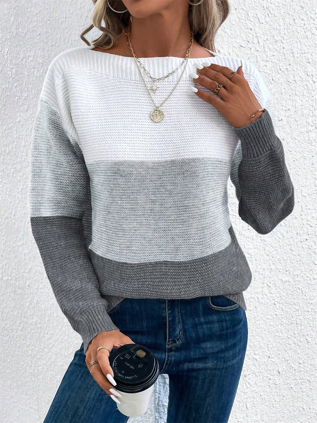 Isla colour-block crew neck jumper in Grey