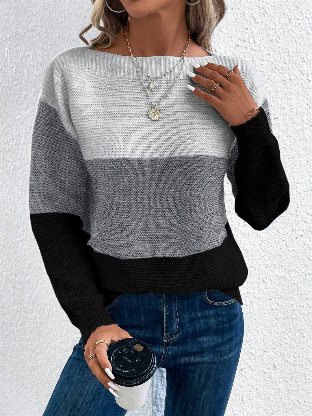 Isla colour-block crew neck jumper in Grey and Black