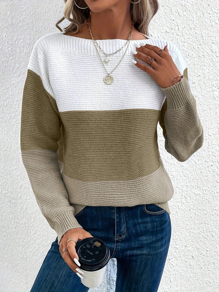 Isla colour-block crew neck jumper in Olive