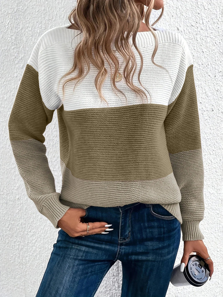 Isla colour-block crew neck jumper in Olive